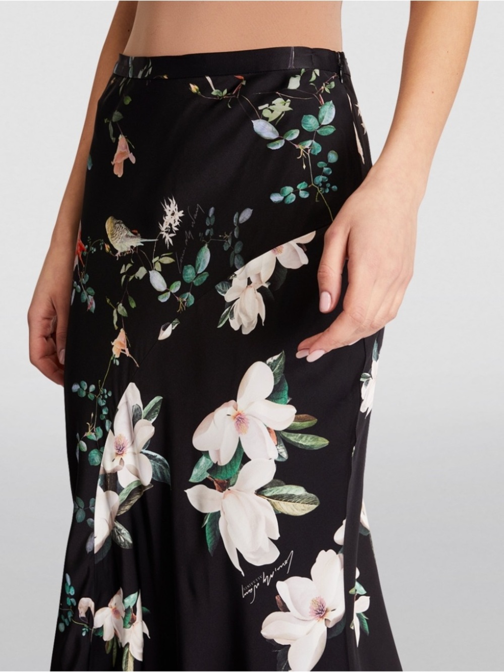 All Saints Black Floral A-Line Maxi Skirt with White Magnolia Print